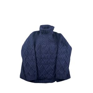 Aran Crafts Cable Knit Turtleneck Fisherman Sweater Merino Wool Blue Womens Med